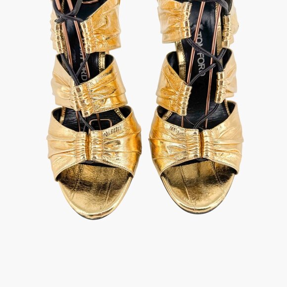 Tom Ford Stardust Lace Up Heels EU 41 US 9 Metallic Gold Foil Leather Tie Shoe - Picture 5 of 16